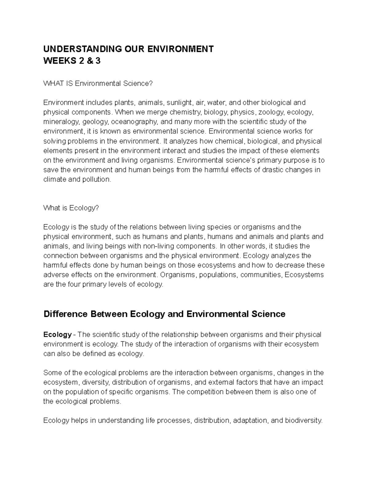 Understanding OUR Environment - UNDERSTANDING OUR ENVIRONMENT WEEKS 2 ...