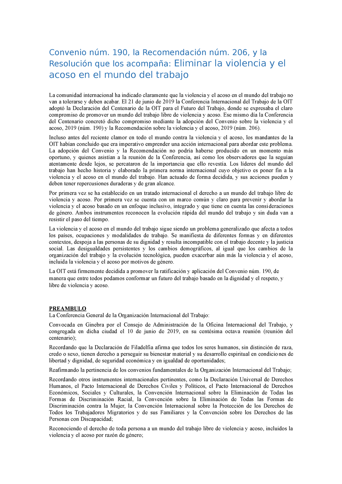 C190 + Recom. 206 OIT Violencia Y Acoso - Convenio Núm. 190, La ...