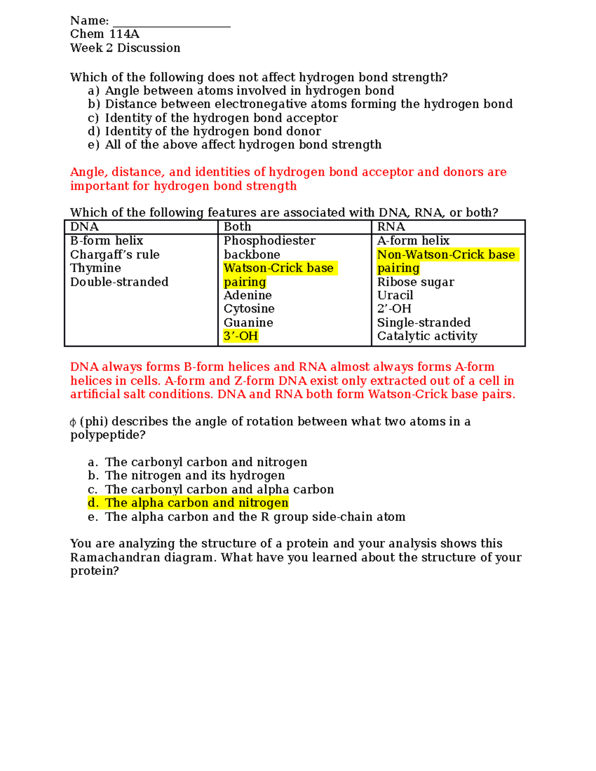 Week 2 Answer Key - Name: Chem 114A Week 2 Discussion Which of the  following - StuDocu