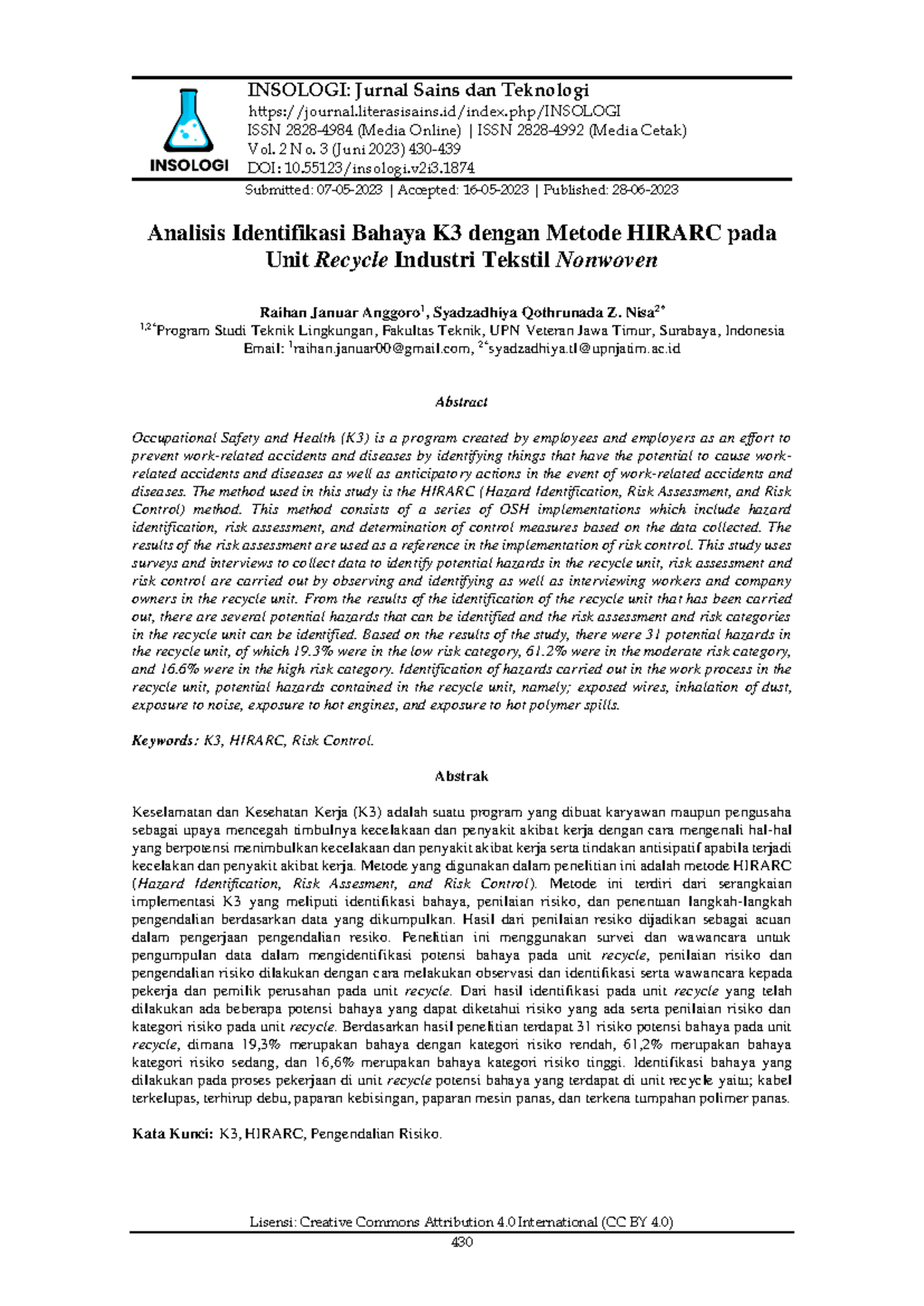 Article+0203-430-439 - INSOLOGI: Jurnal Sains dan Teknologi journal ...