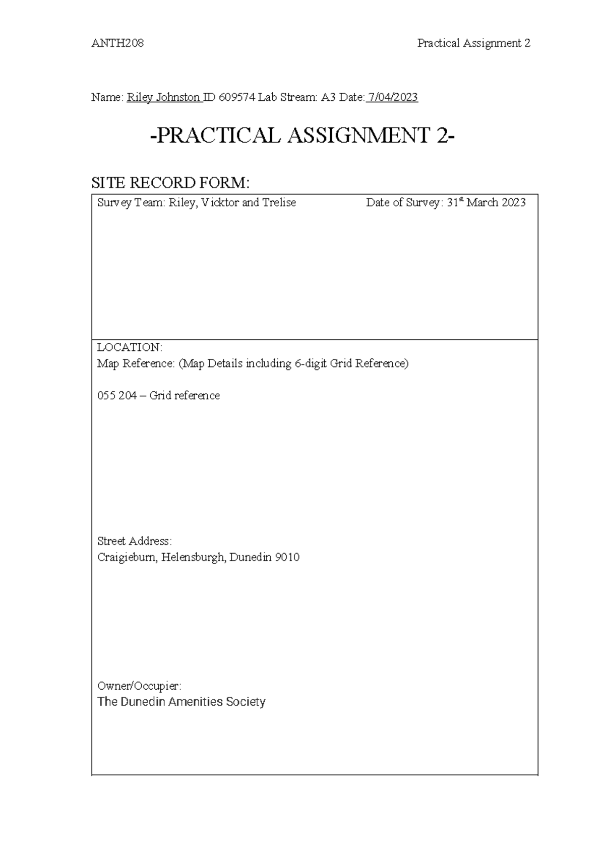 Site record form anth - Name: Riley Johnston ID 609574 Lab Stream: A3 ...