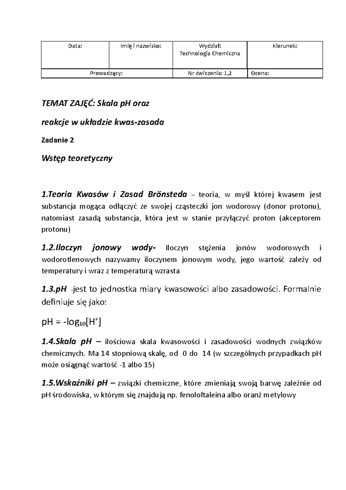 Sprawko 2023 1 Chemia Gotowe zad 2 - Data: Imię i nazwisko: Wydział