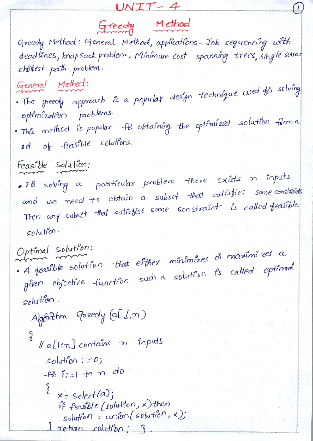 DAA UNIT-4 Greedy Method 0001 - Computer Science Engineering - Studocu