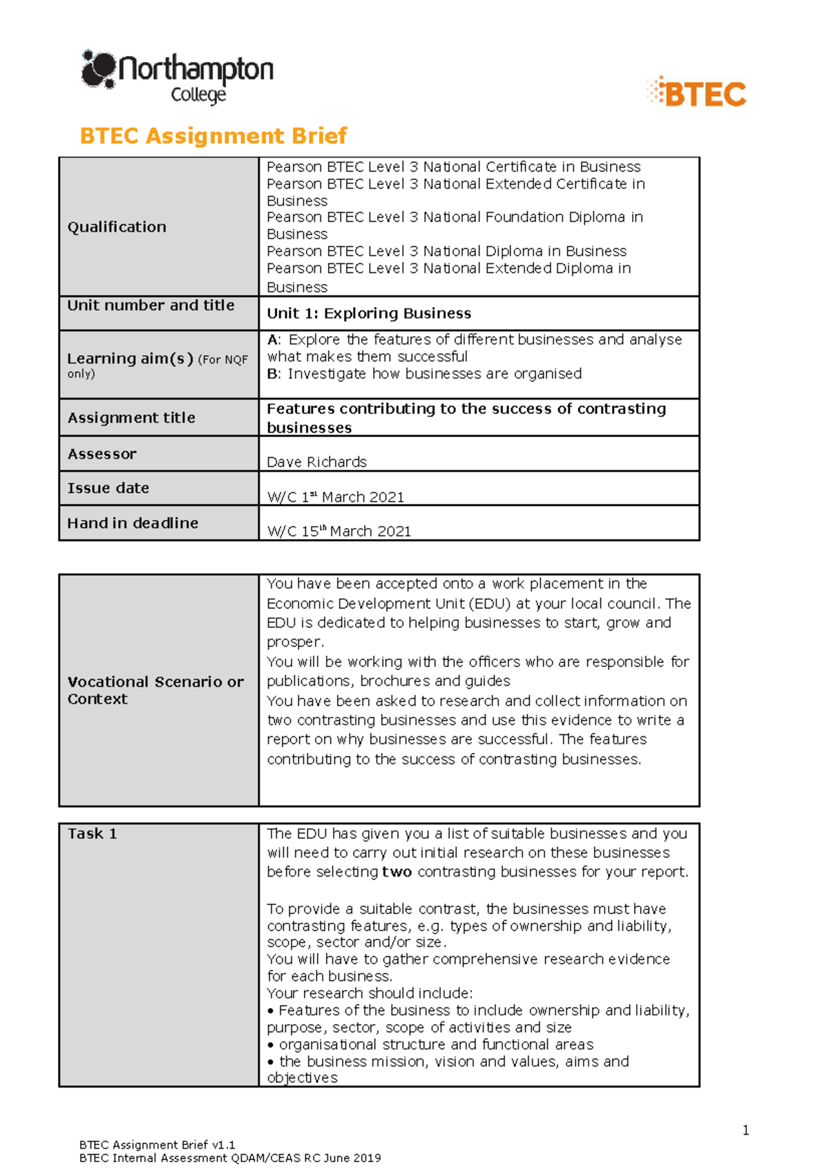 Unit 1 Assignment Brief Learning Aim A+B - BTEC Assignment Brief ...