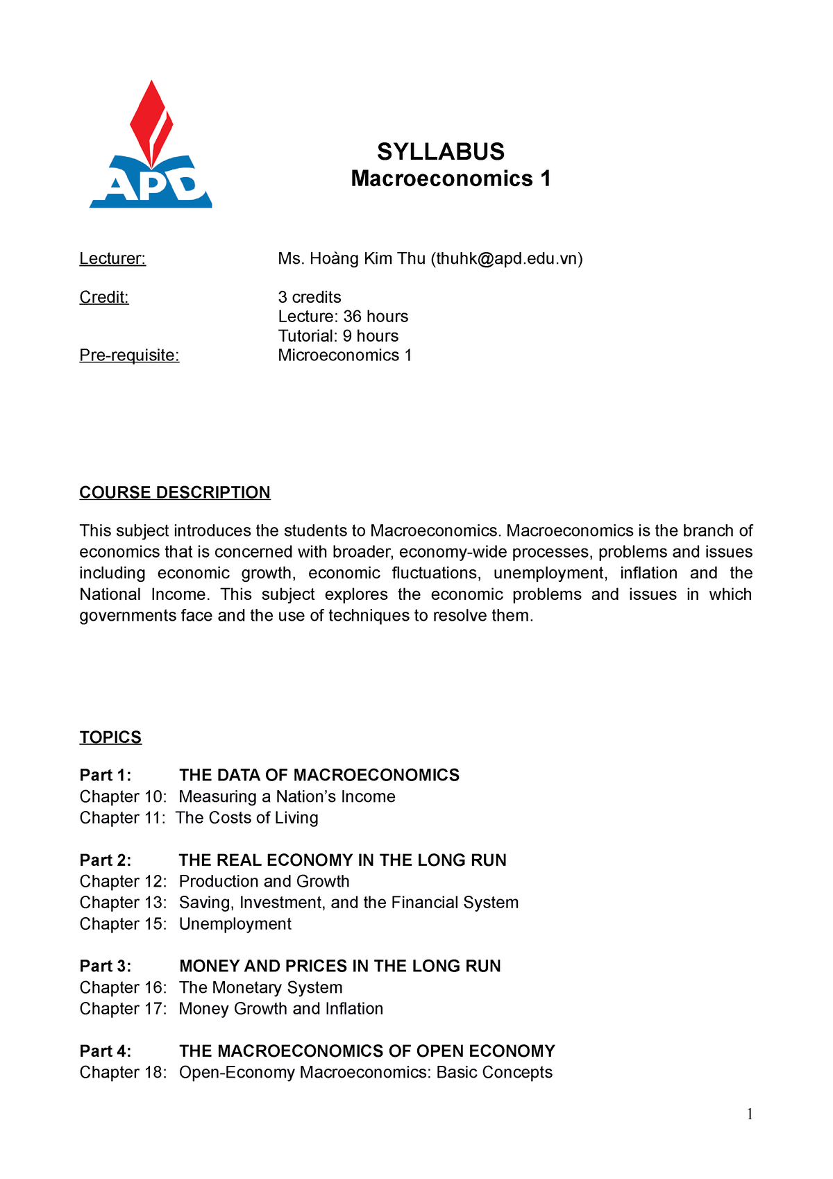 APD Syllabus Macroeconomics 1 EN - SYLLABUS Macroeconomics 1 Lecturer ...