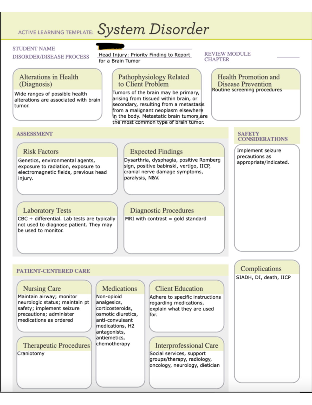 System Disorder Brain Tumor ATI - NURS 125 - Studocu