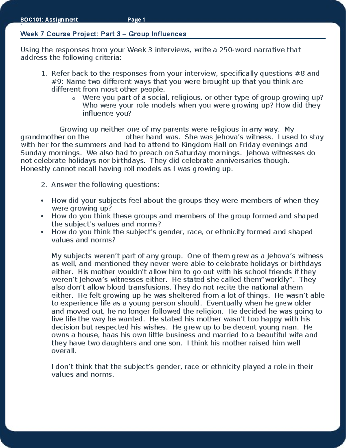 SOC101 wk7 - SOCIOLOGY - SOC101: Assignment Page 1 ` Week 7 Course ...