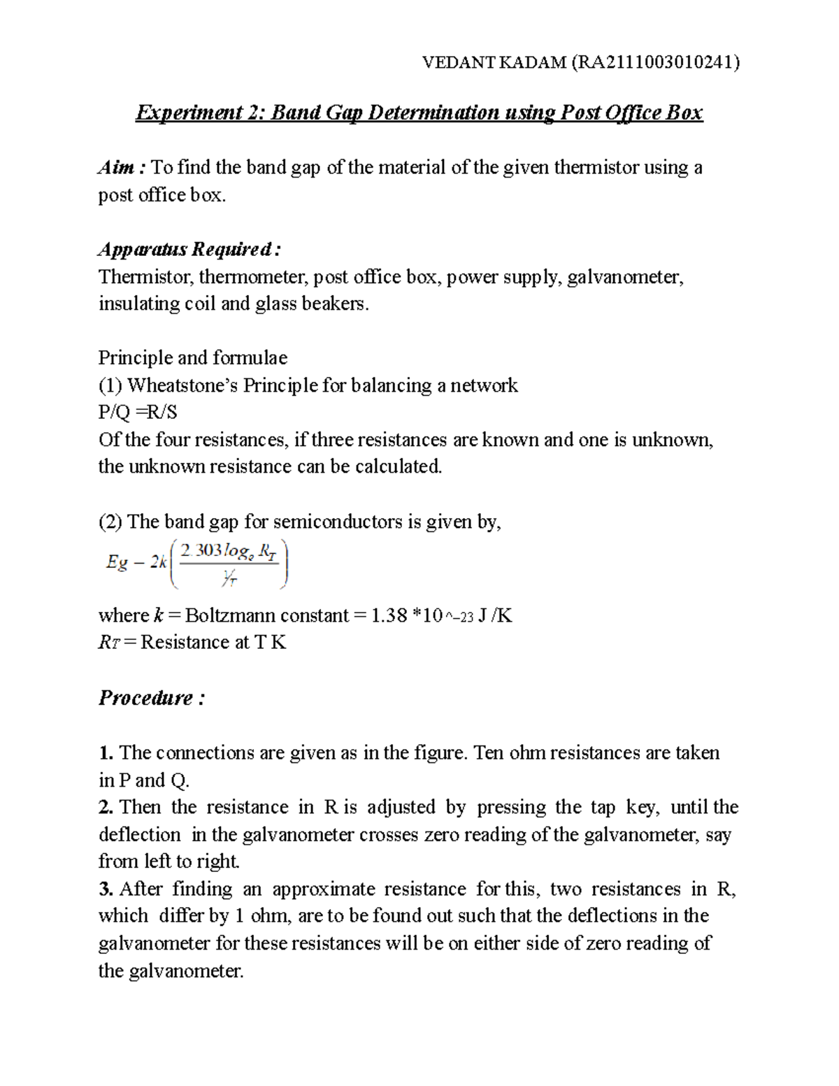 Experiment 2 Band Gap Determination using Post Office Box VEDANT