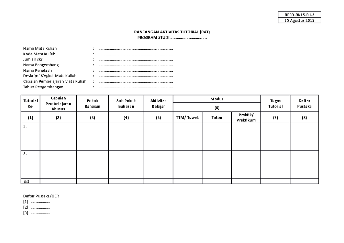 Format RAT - nklm - BB03-RK15-RII. 15 Agustus 2019 RANCANGAN AKTIVITAS ...