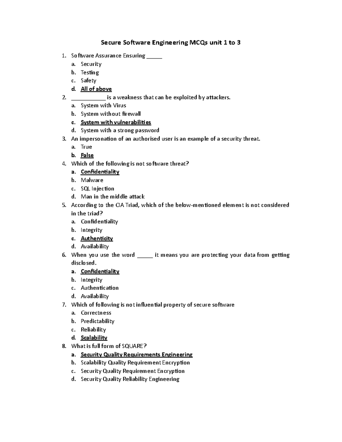 SSE mcq - Secure SoŌware Engineering MCQs unit 1 to 3 SoŌware Assurance ...