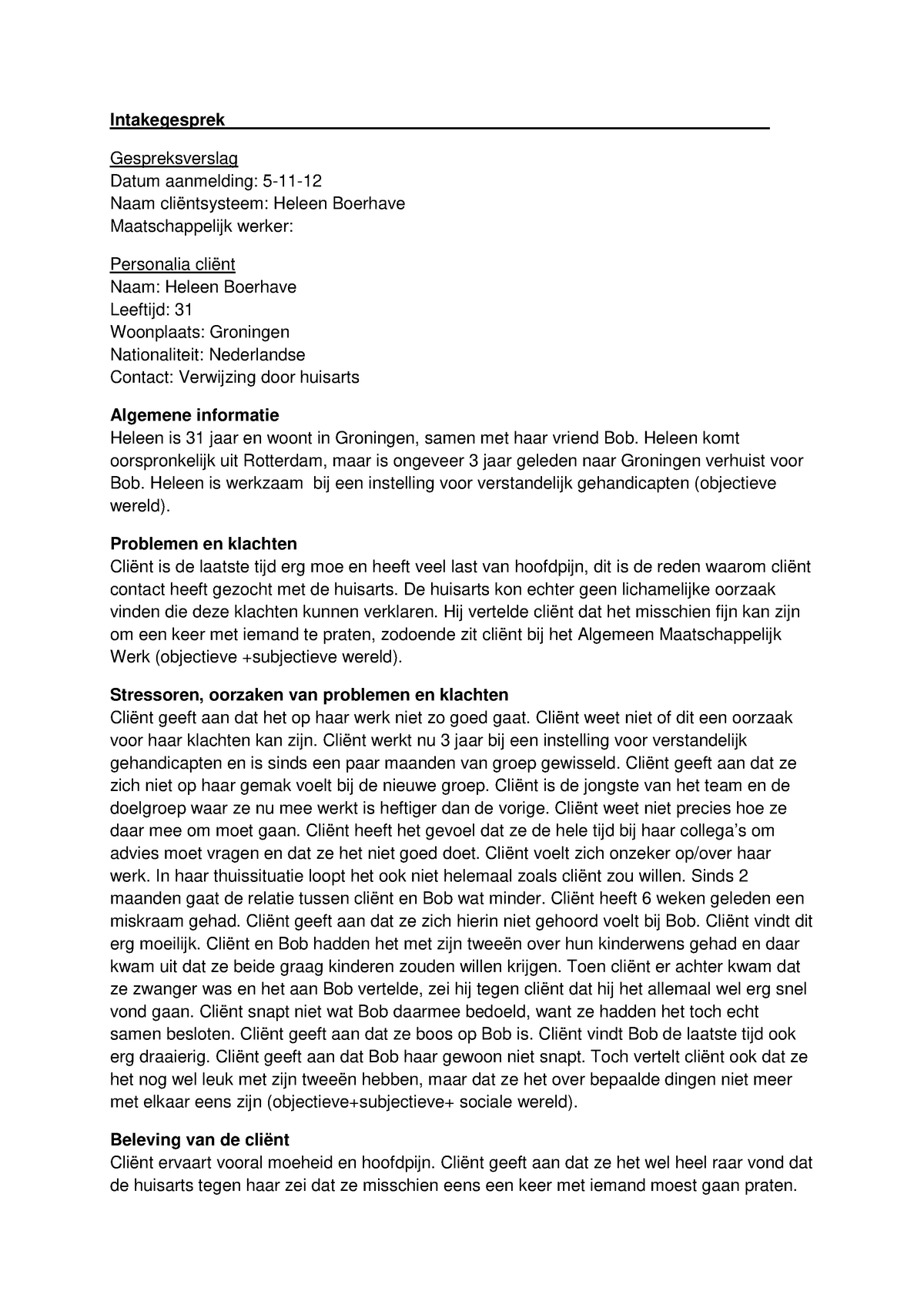 Rapportage Intakegesprek  assesment  Intakegesprek Gespreksverslag