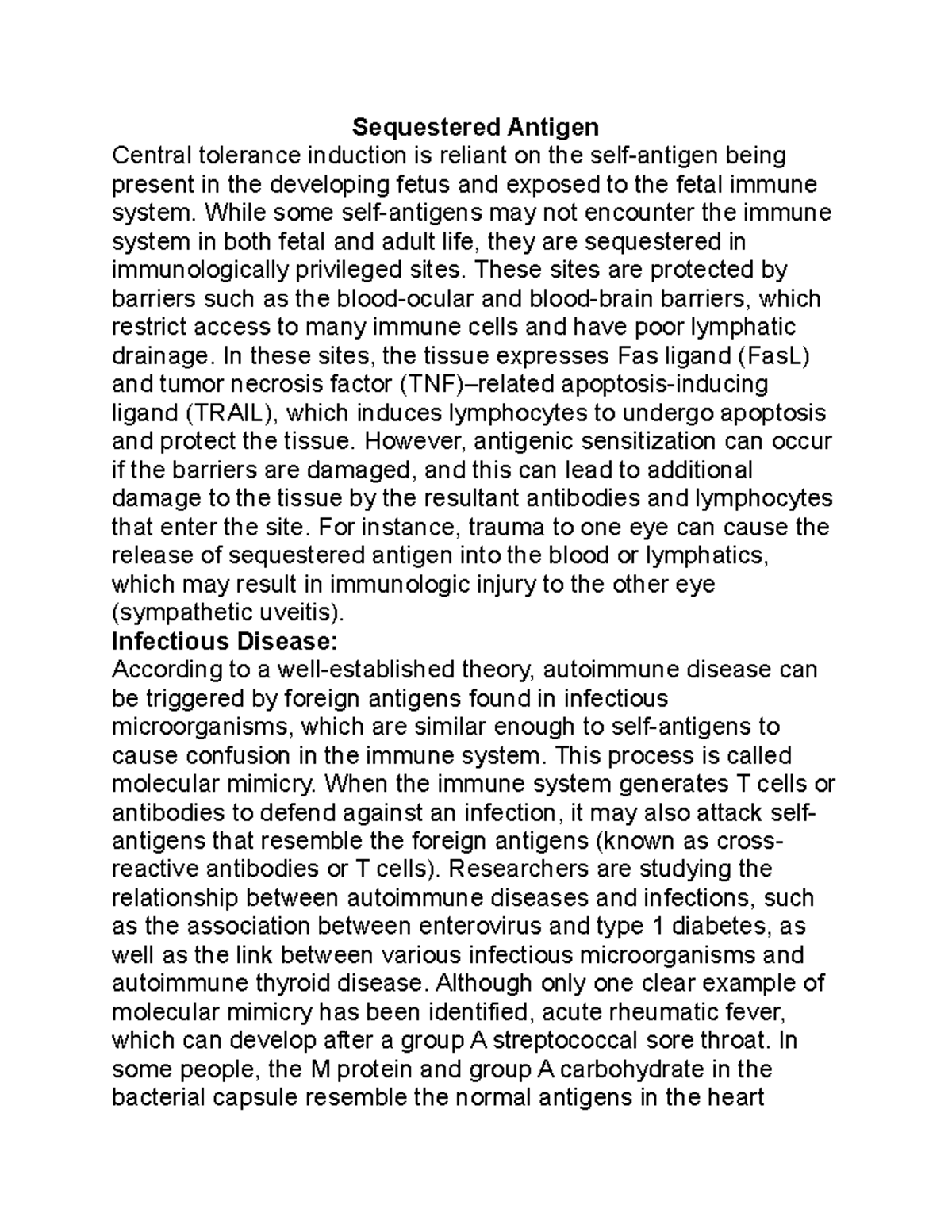 Sequestered Antigen Notes Sequestered Antigen Central tolerance