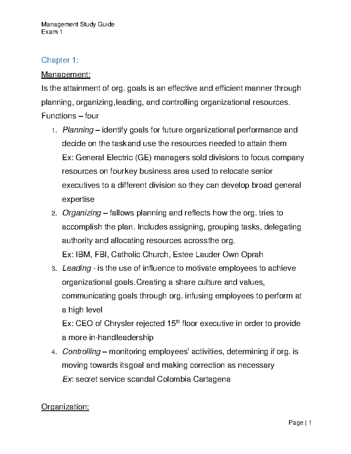 Study Guide for Management exam 1 - Exam 1 Chapter 1: Management: Is ...