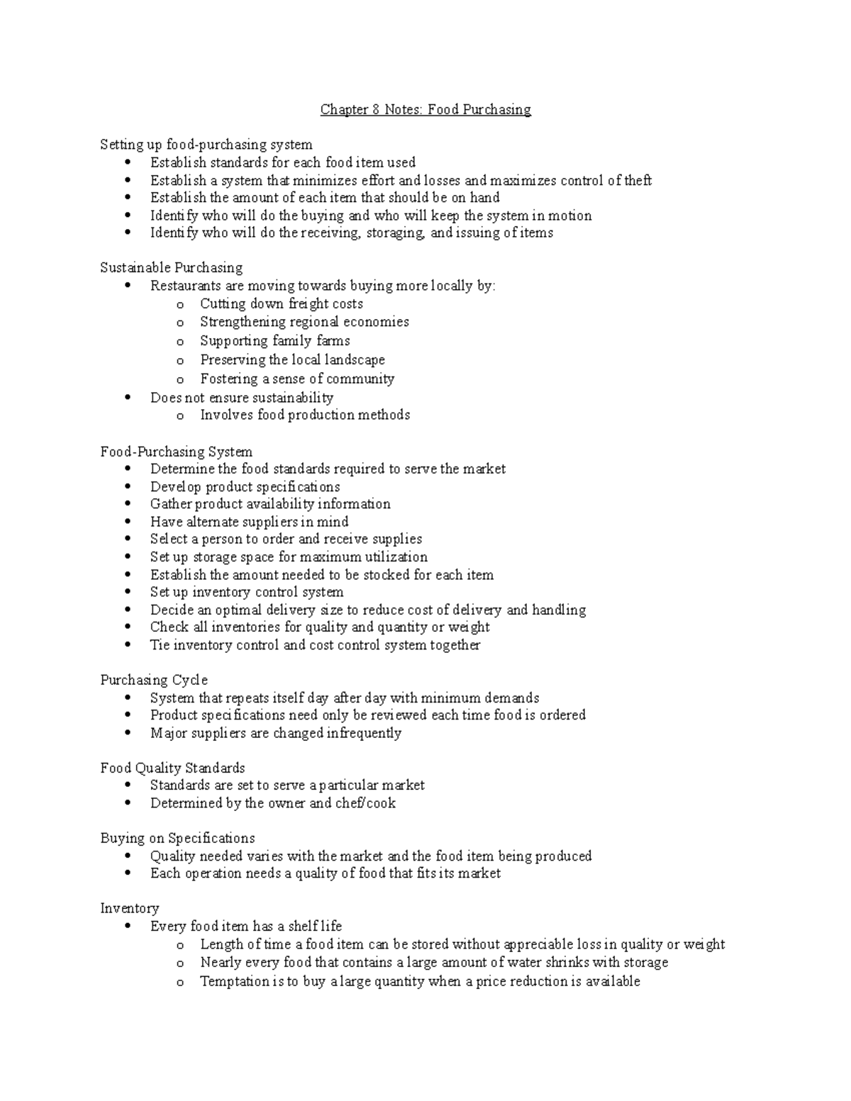 Chapter 8 Notes - Chapter 8 Notes: Food Purchasing Setting up food ...