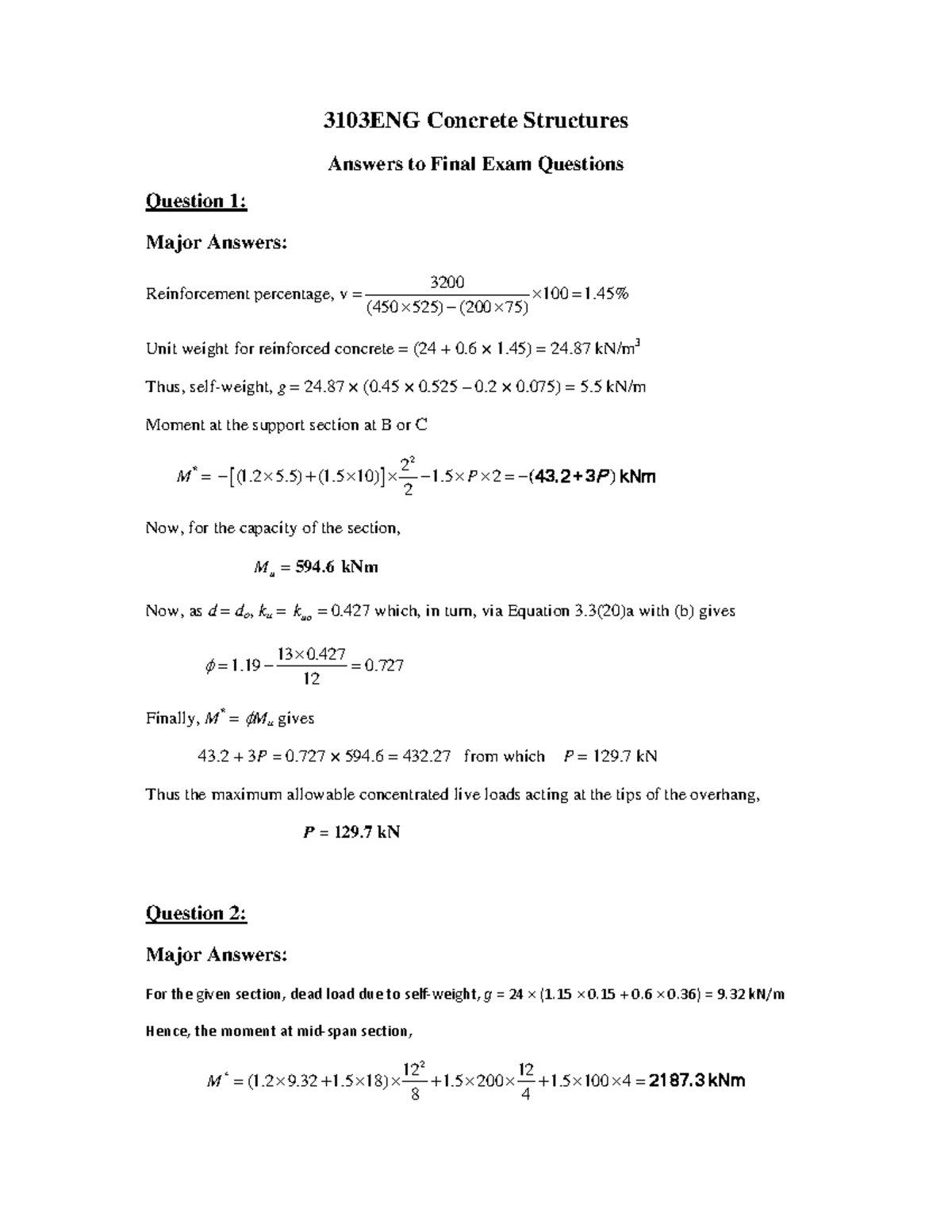 Exam 2012, questions and answers - final exam - 3103ENG Concrete ...