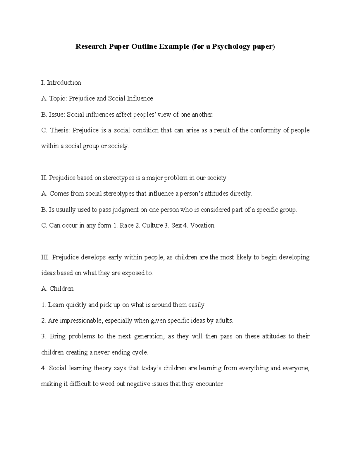 Research Paper Outline Example (for a Psychology paper) - Introduction ...