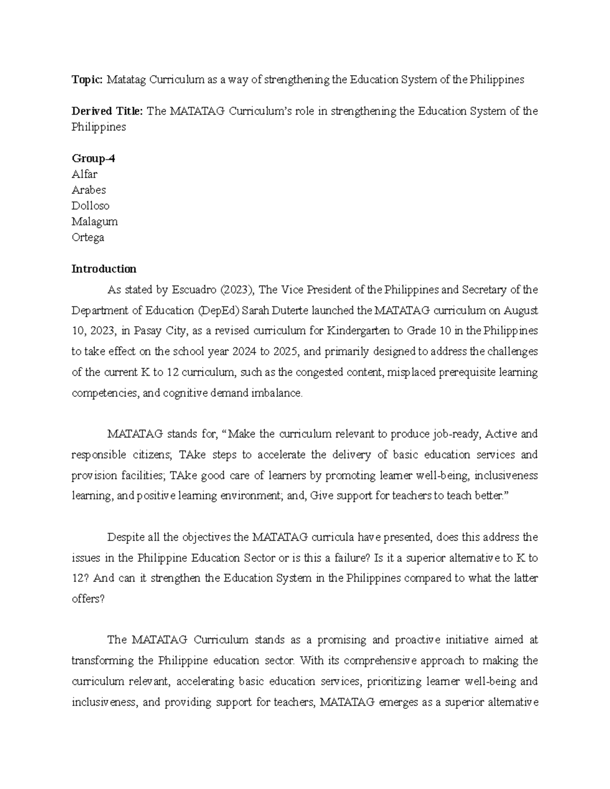 Matatag Curriculum as a way of strengthening the Education System of ...