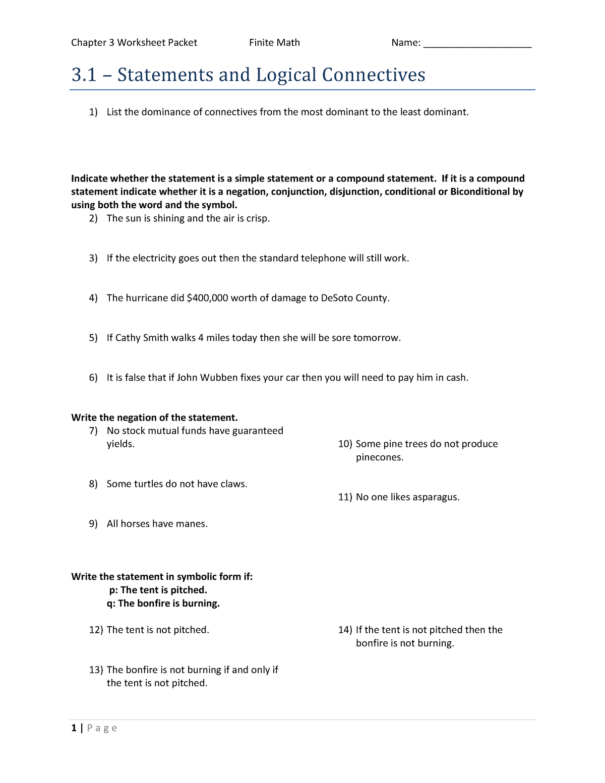 Chapter 3 Worksheet Packet Chapter 3 Worksheet Packet Finite Math