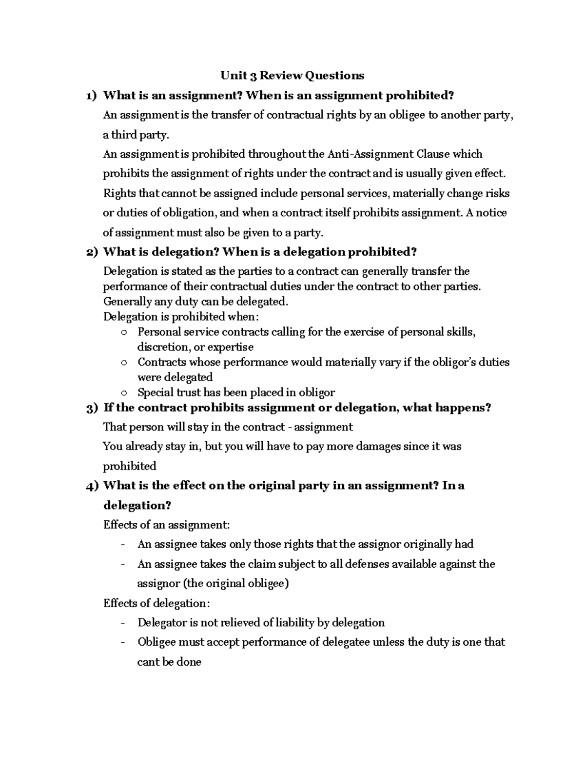Review Questions Unit 3 Business Law Unit 3 Review Questions 1) What