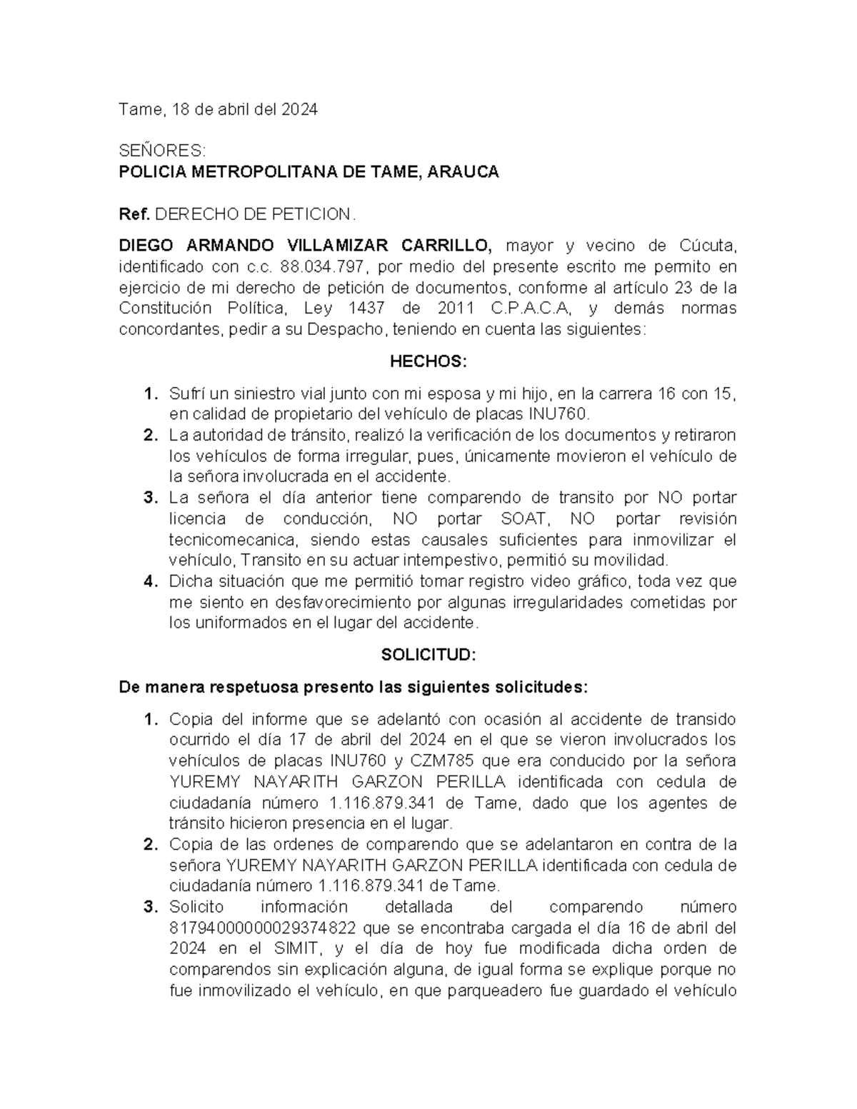 Solicitud de video a la Mecuc (1) - Tame, 18 de abril del 2024 SEÑORES ...