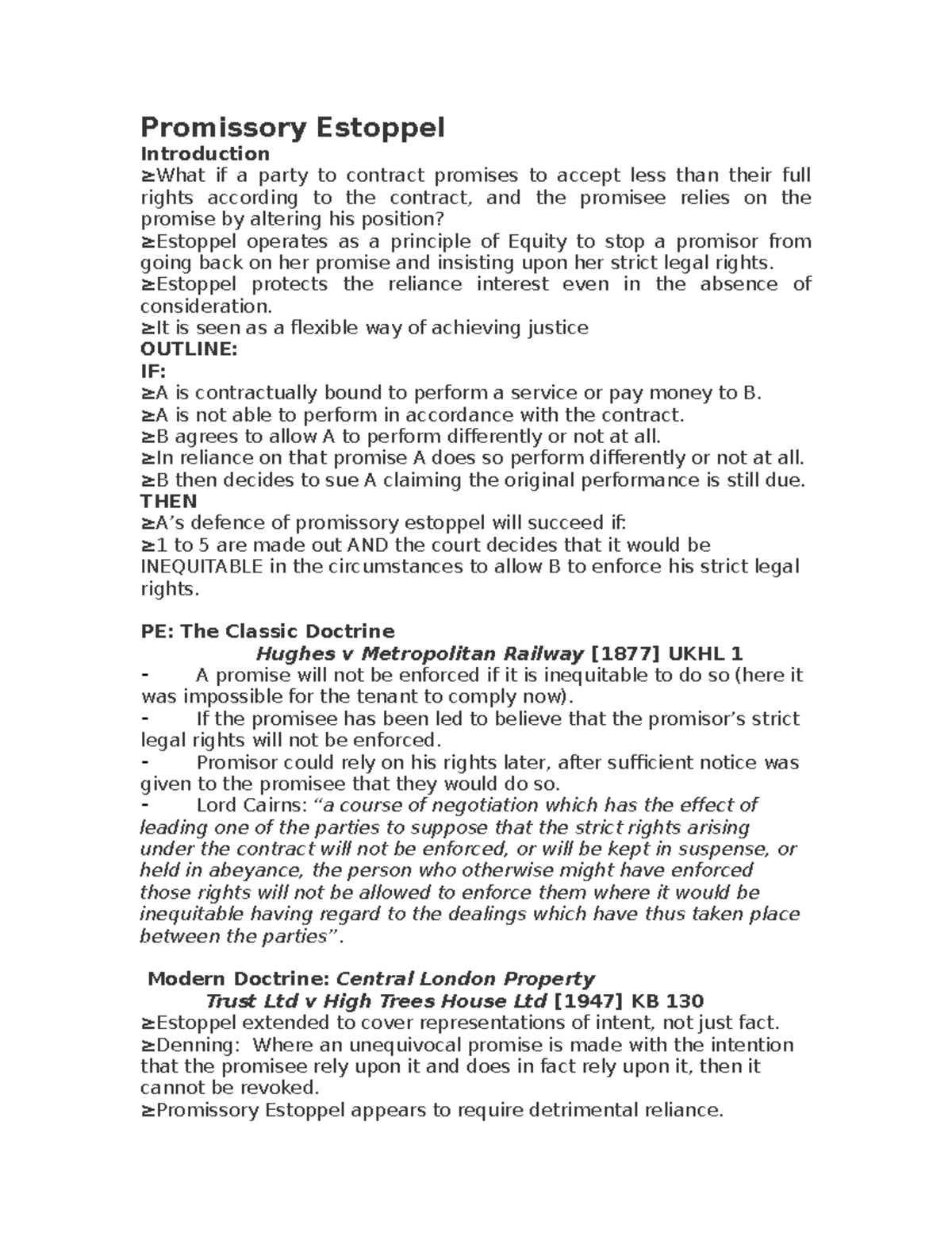 Promissory Estoppel Law lecture notes Promissory Estoppel