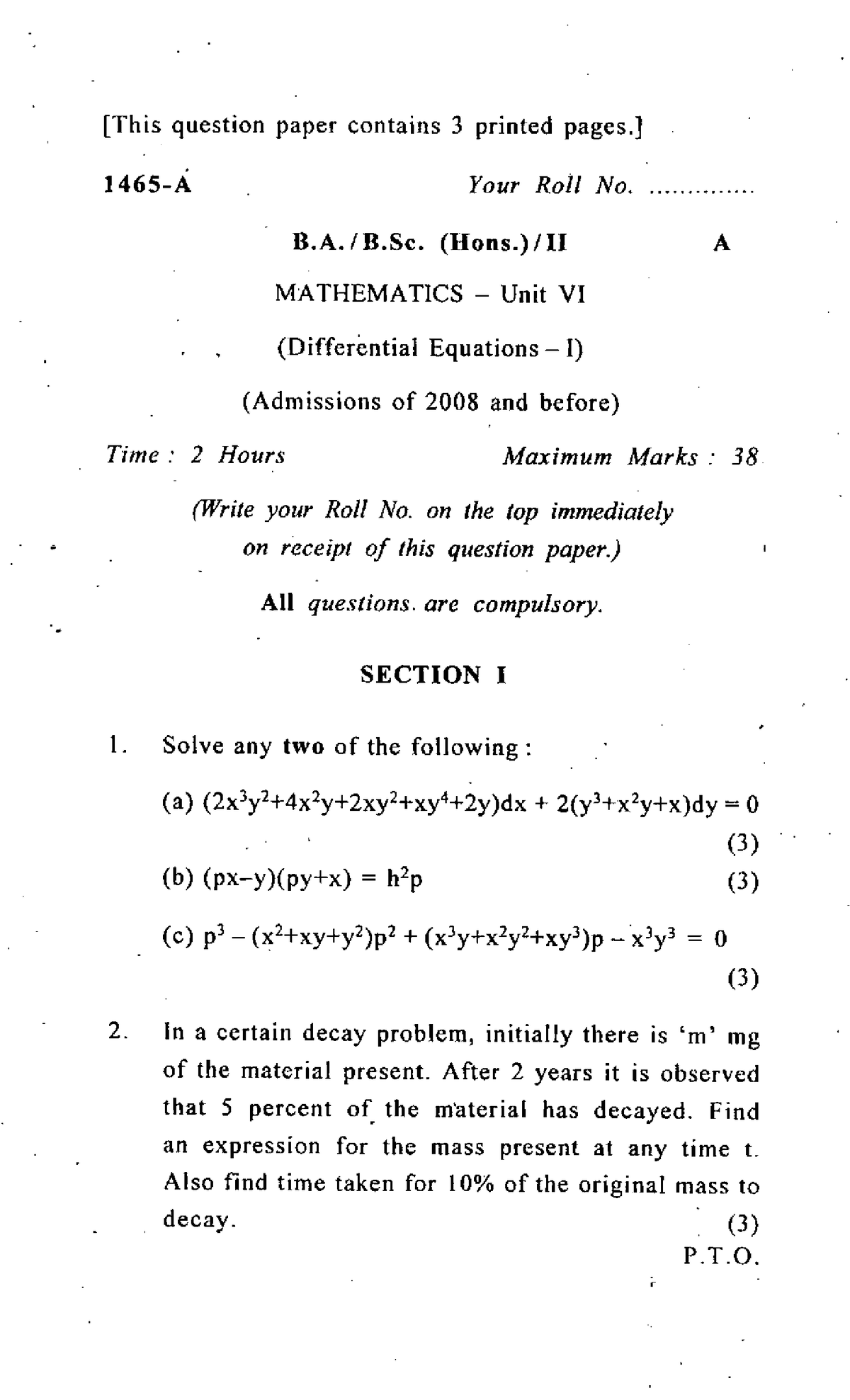 De - DIFFERENTIAL EQUATION DU PYQ - B.Sc(P) Physical Science - Studocu