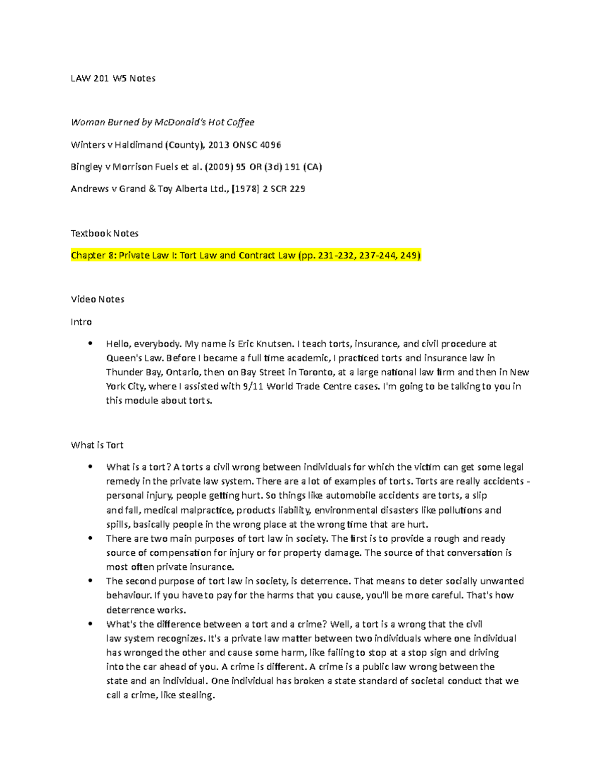 LAW 201 W5 Notes - LAW 201 W5 Notes Woman Burned by McDonald's Hot ...