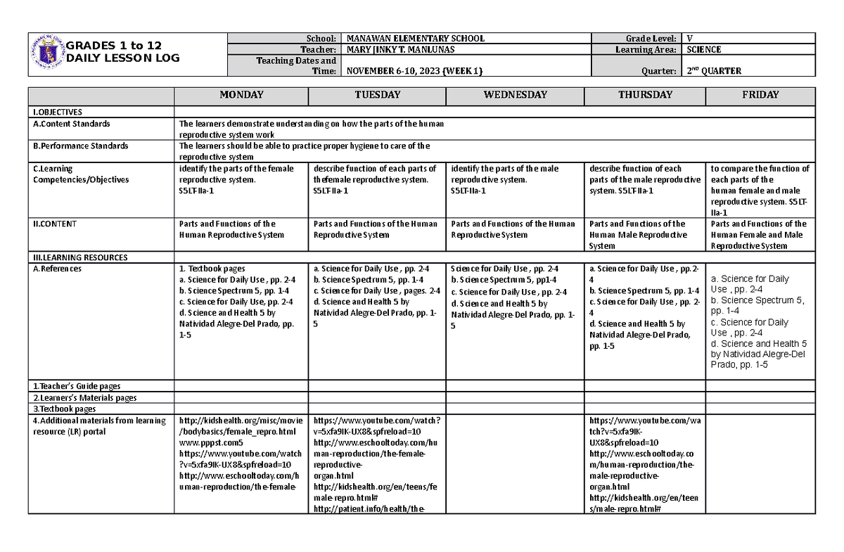 DLL Science 5 Q2 W1 - none - GRADES 1 to 12 DAILY LESSON LOG School ...