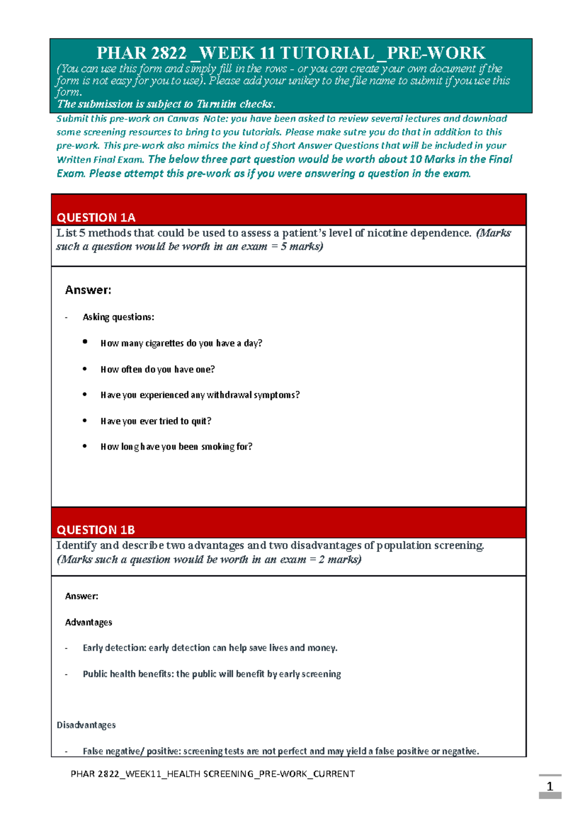 PRE WORK Health Screening - Submit this pre-work on Canvas Note: you ...