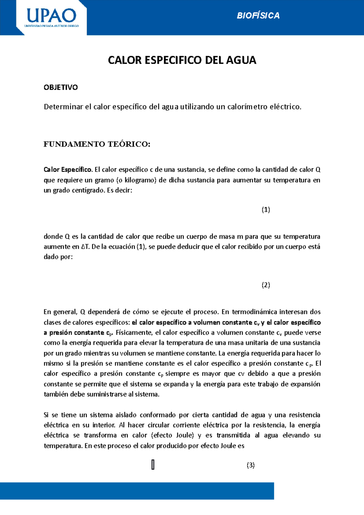 Calor Especifico - AGUA - CALOR ESPECIFICO DEL AGUA OBJETIVO Determinar ...