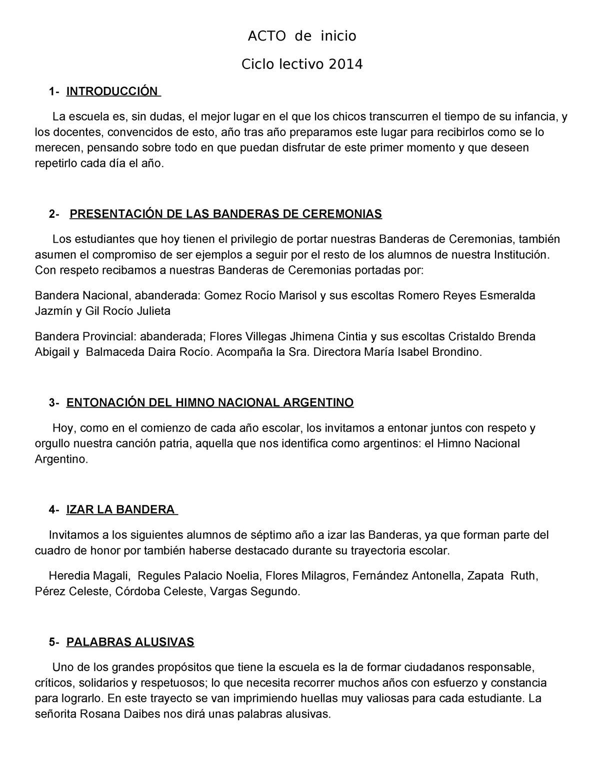 Acto De Inicio - Acto De Inicio Ciclo Lectivo 2014 1- IntroducciÓn La 