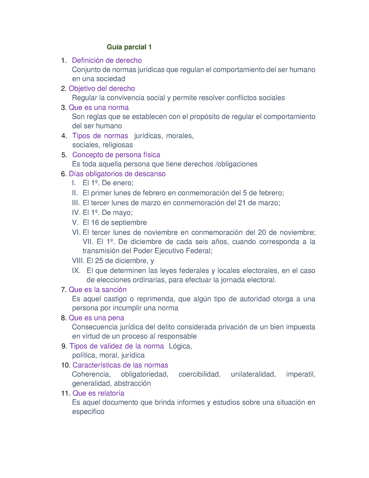 Guia Final - GUIA DE ESTUDIO - Guía Parcial 1 1. Definición De Derecho ...