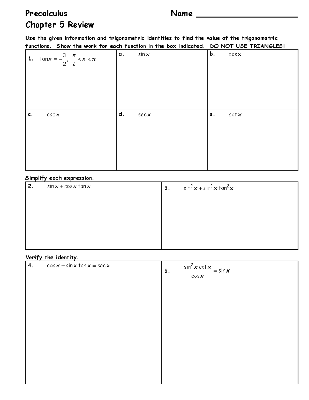 Chapter 5 Review - Precalculus Name ____________________ Chapter 5 ...