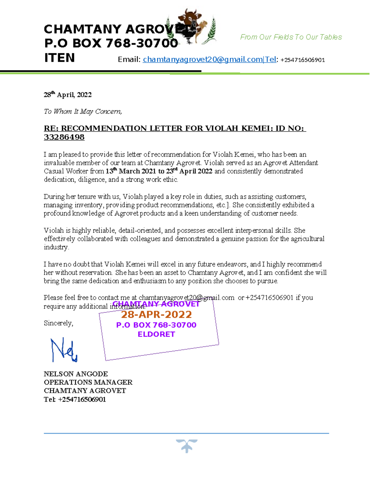 vio CHAMTANY AGROVET 28APR P BOX 768 ELDORET From Our Fields