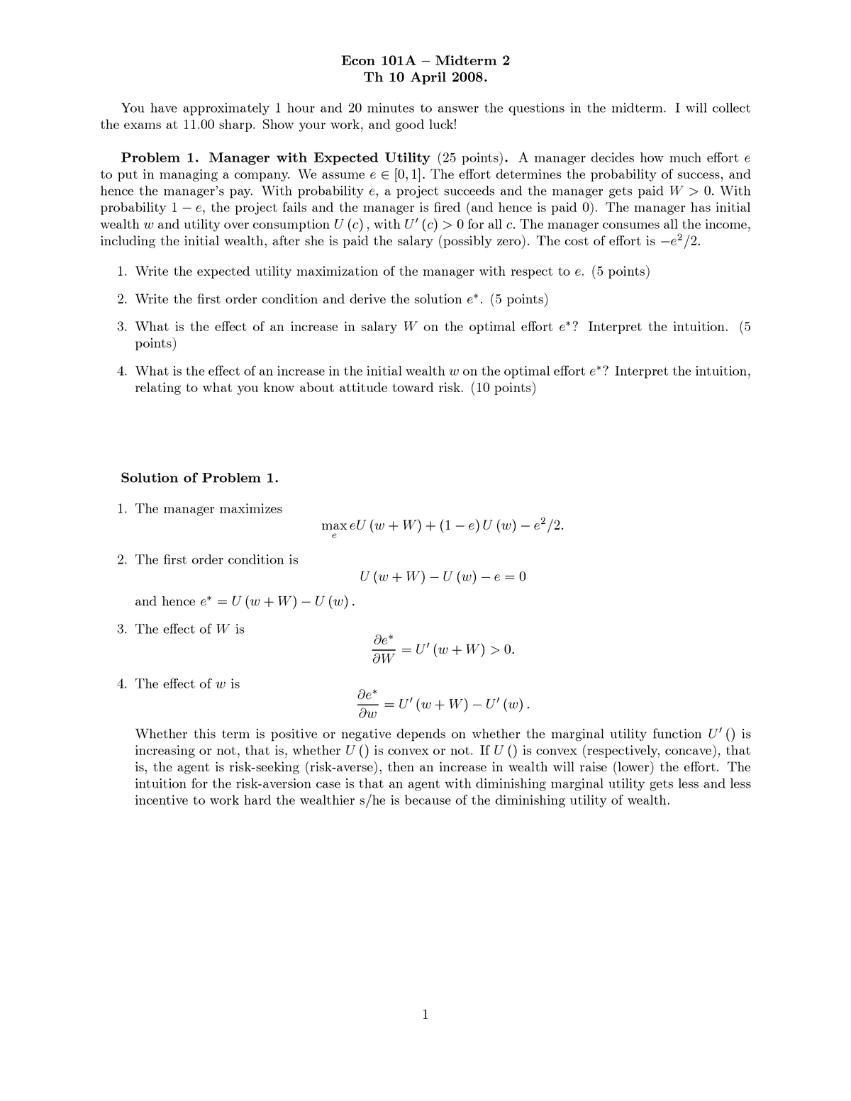 Exam2solution 2007 - Exam - Econ 101A — Midterm 2 Th 10 April 2008. You ...