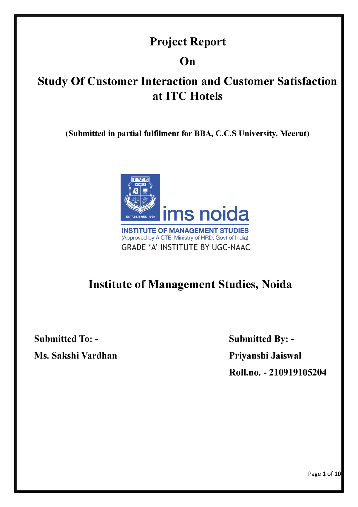 Project File bba 407 - Project Report On Study Of Customer Interaction ...