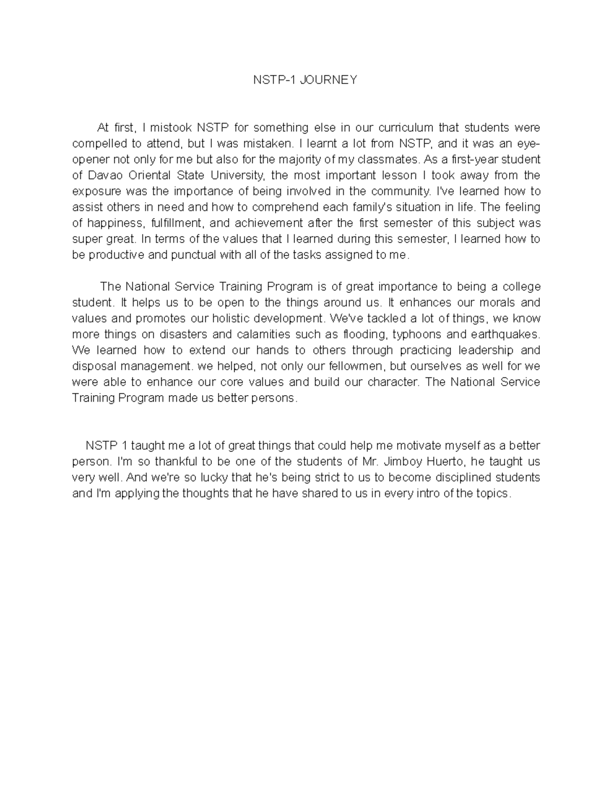 NSTP-1 Journey - NSTP-1 JOURNEY At first, I mistook NSTP for something ...