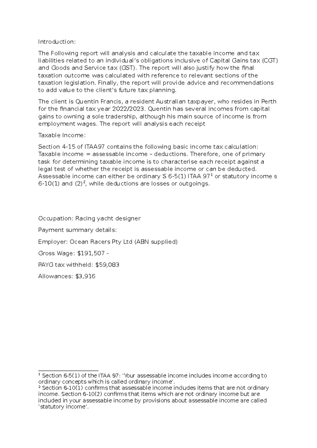 Tax report - CGT could be wrong - Introduction: The Following report ...