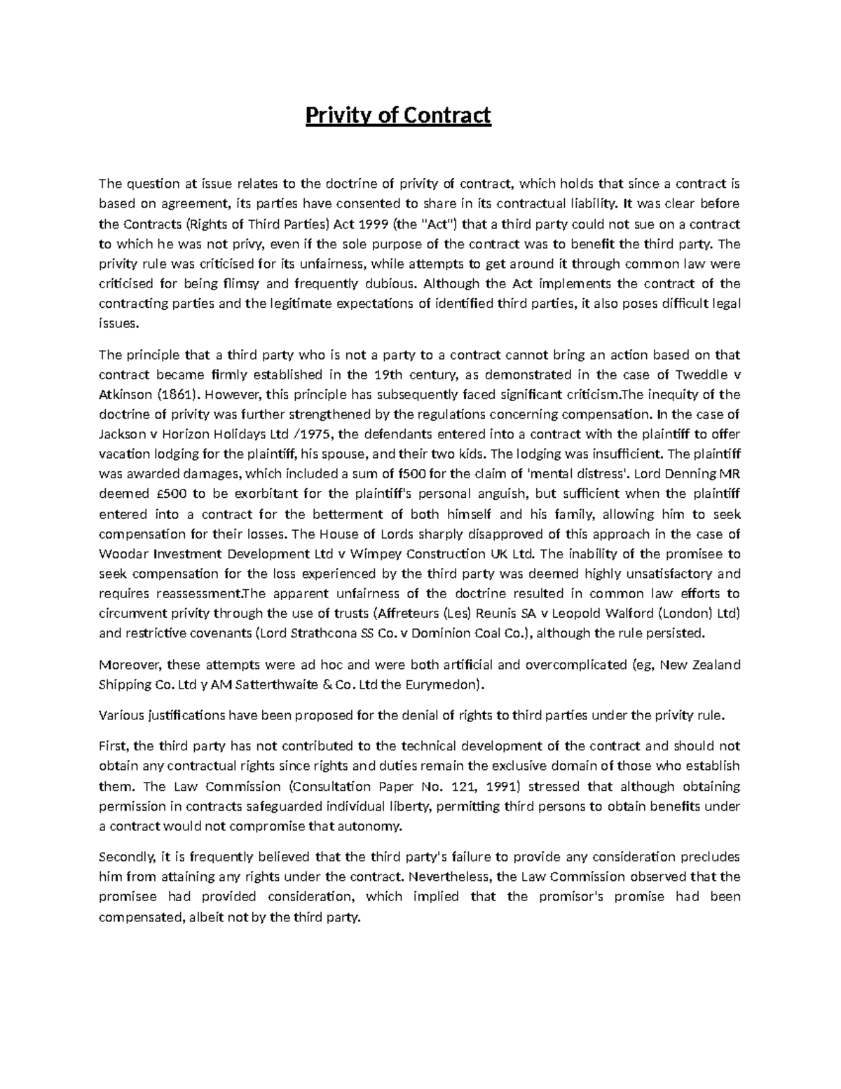 Privity of Contract eassay question answer - Privity of Contract The ...