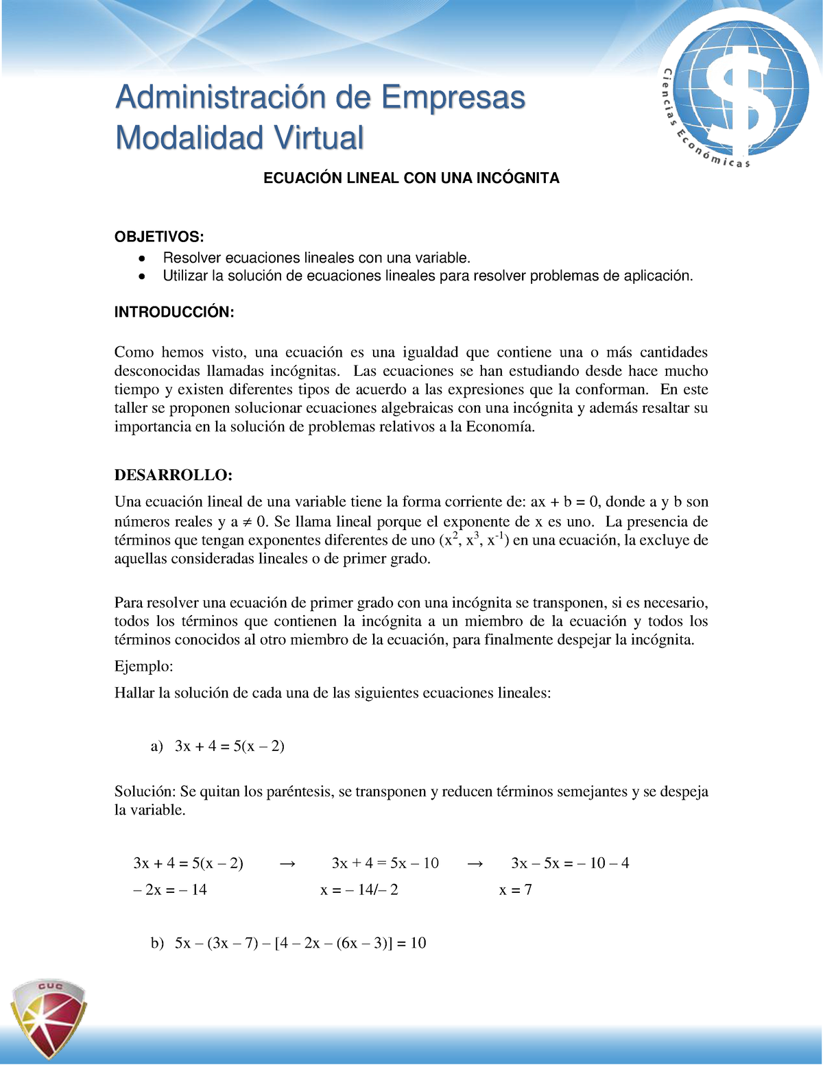 Ecuacion Lineal Con Una Incognita Modalidad Virtual Ecuaci N Lineal