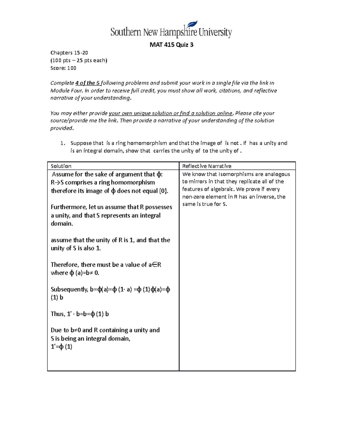 MAT 415 Quiz 3 Work with grade MAT 415 Quiz 3 Chapters 15 (100 pts