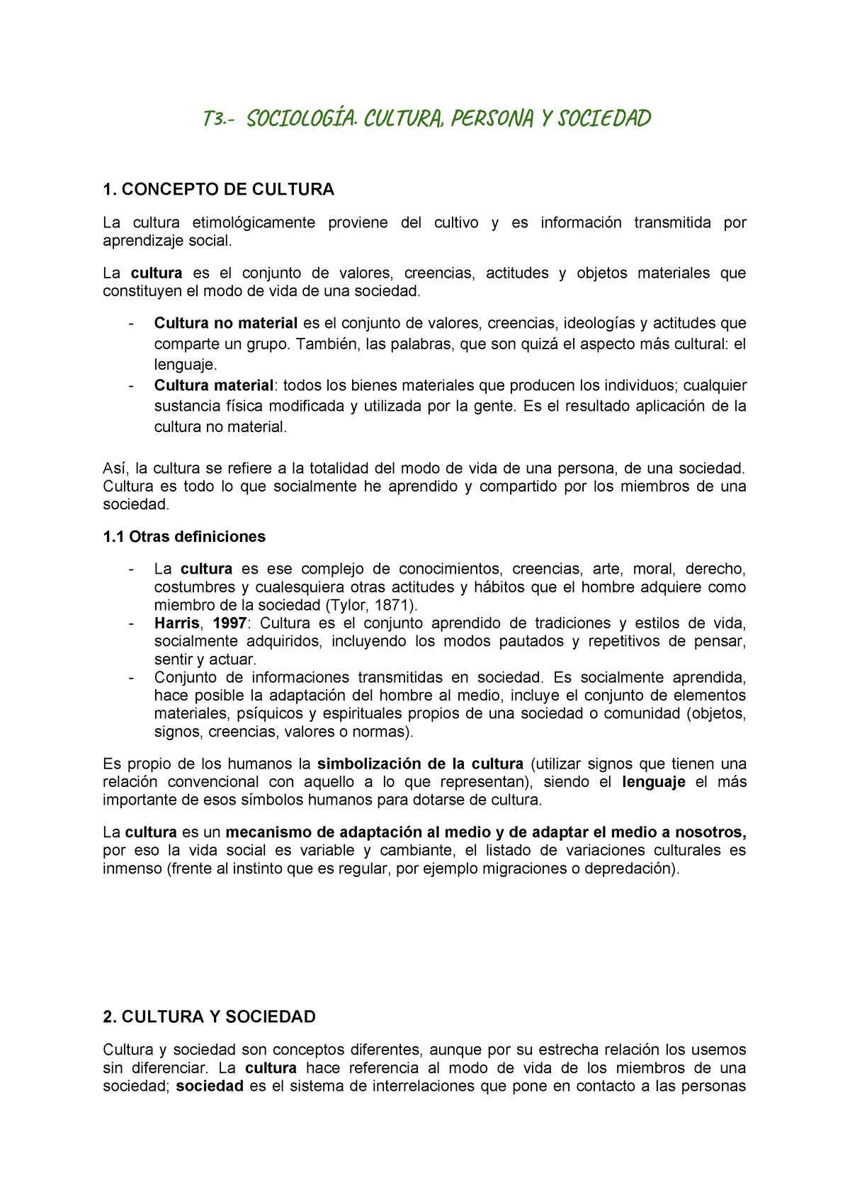 TEMA 3 Sociología - Tema 3 Sociologia - T3.- SOCIOLOGÍA. CULTURA ...