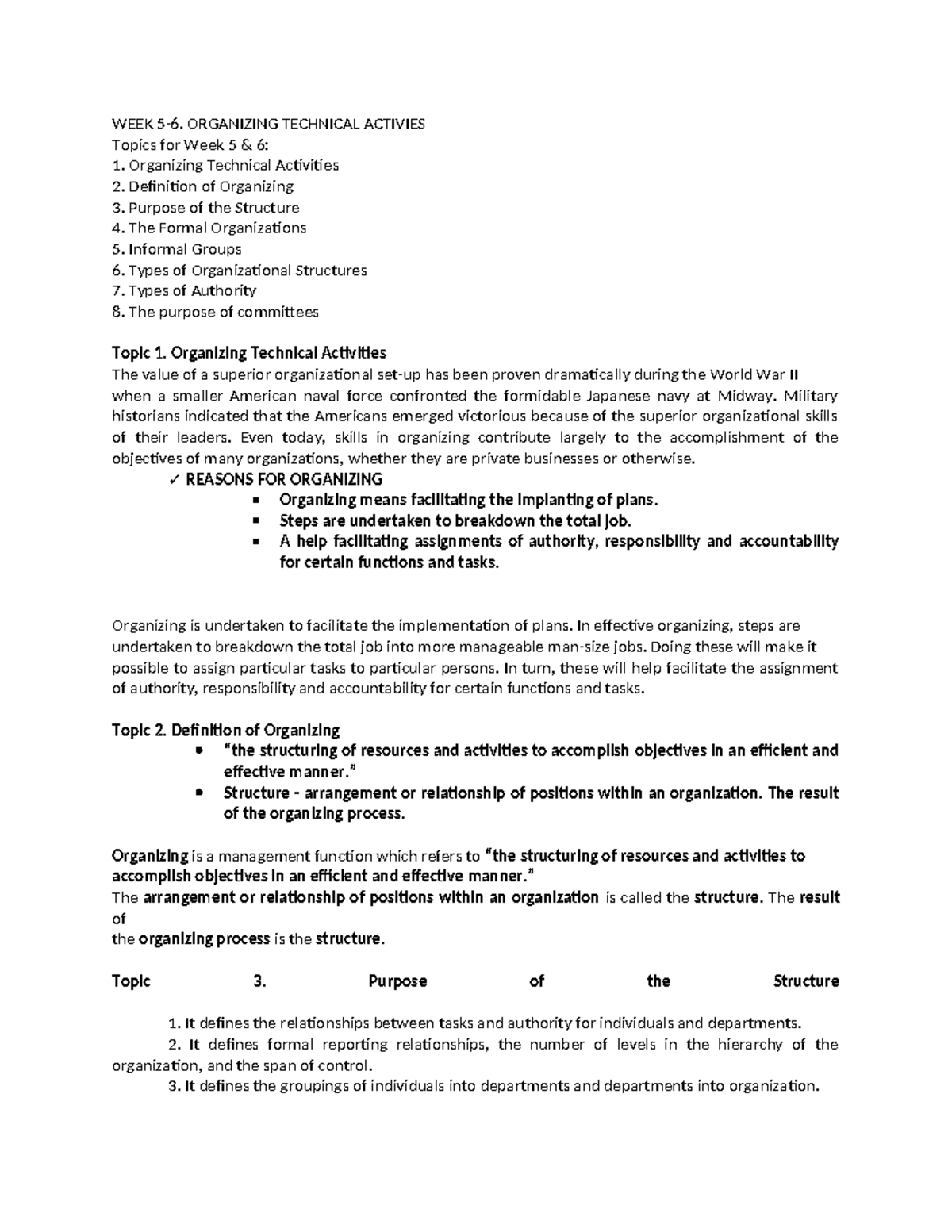 WEEK 5 - None - WEEK 5-6. ORGANIZING TECHNICAL ACTIVIES Topics for Week ...