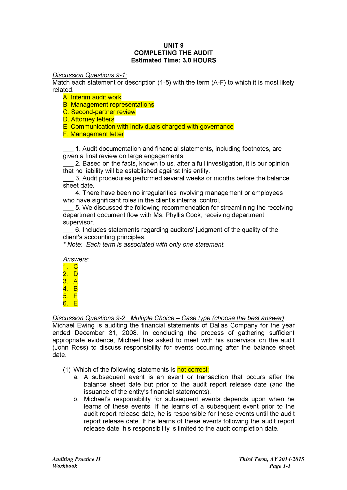 Modaud 2 Unit 9 Audit Completion T31415 With Answers ACCOUNTANCY COST 