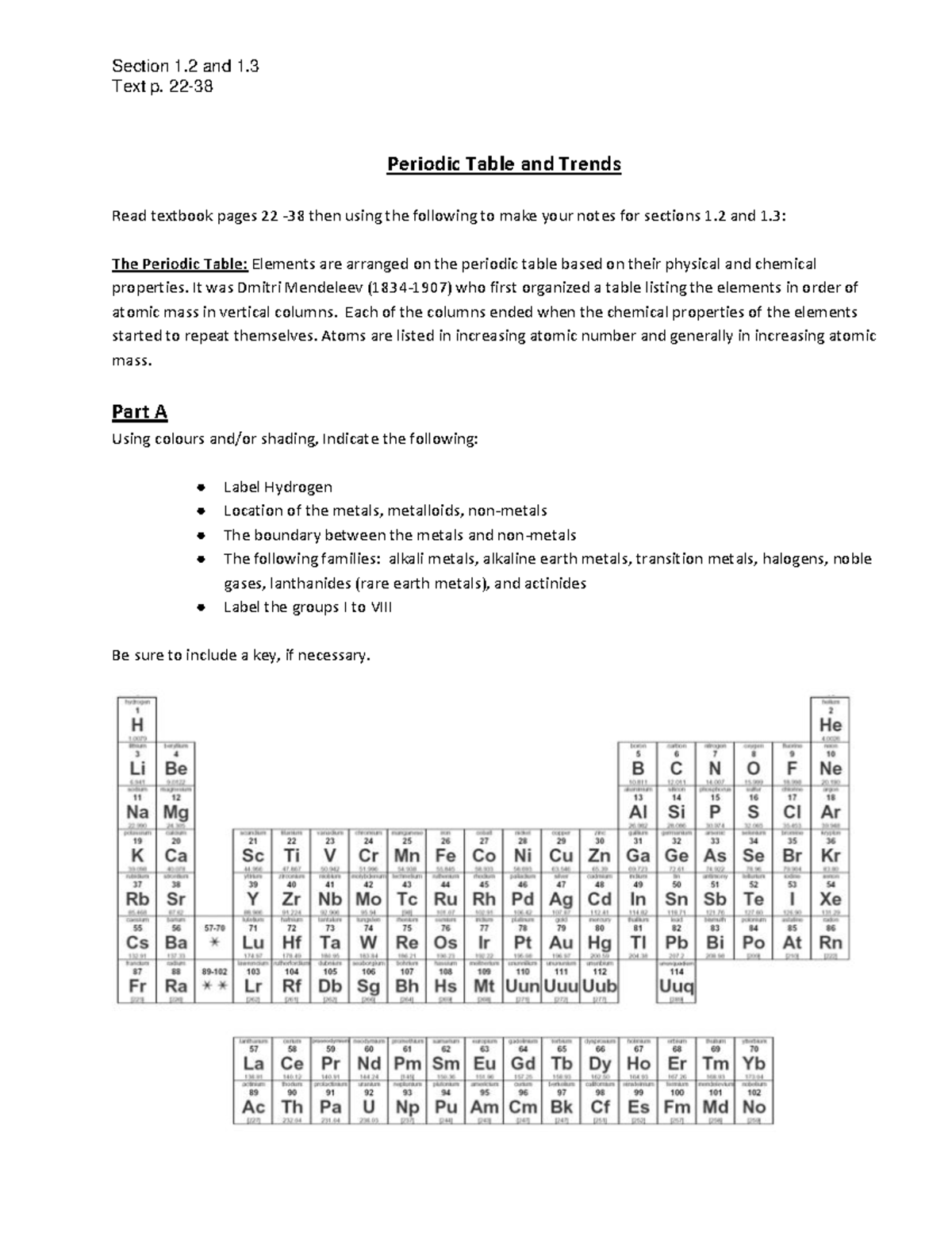 periodic table trends assignment