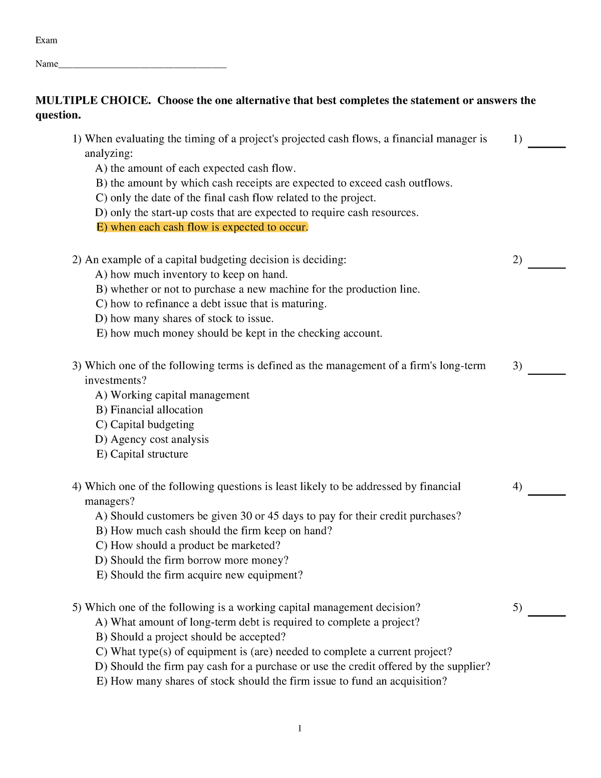 Chapter 1 Stu Quizz - Business Finance Quiz - Exam Name