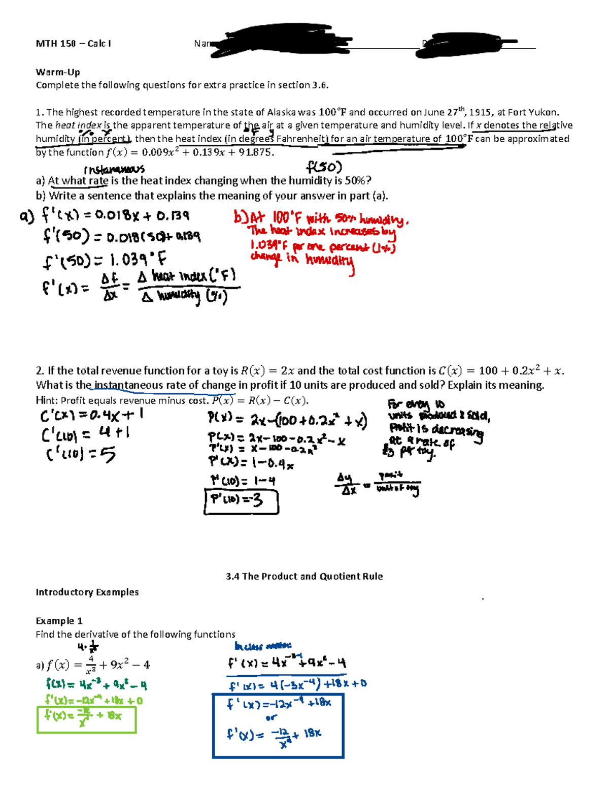 3.4 the product and quotient rule - MTH 150 – Calc I Name