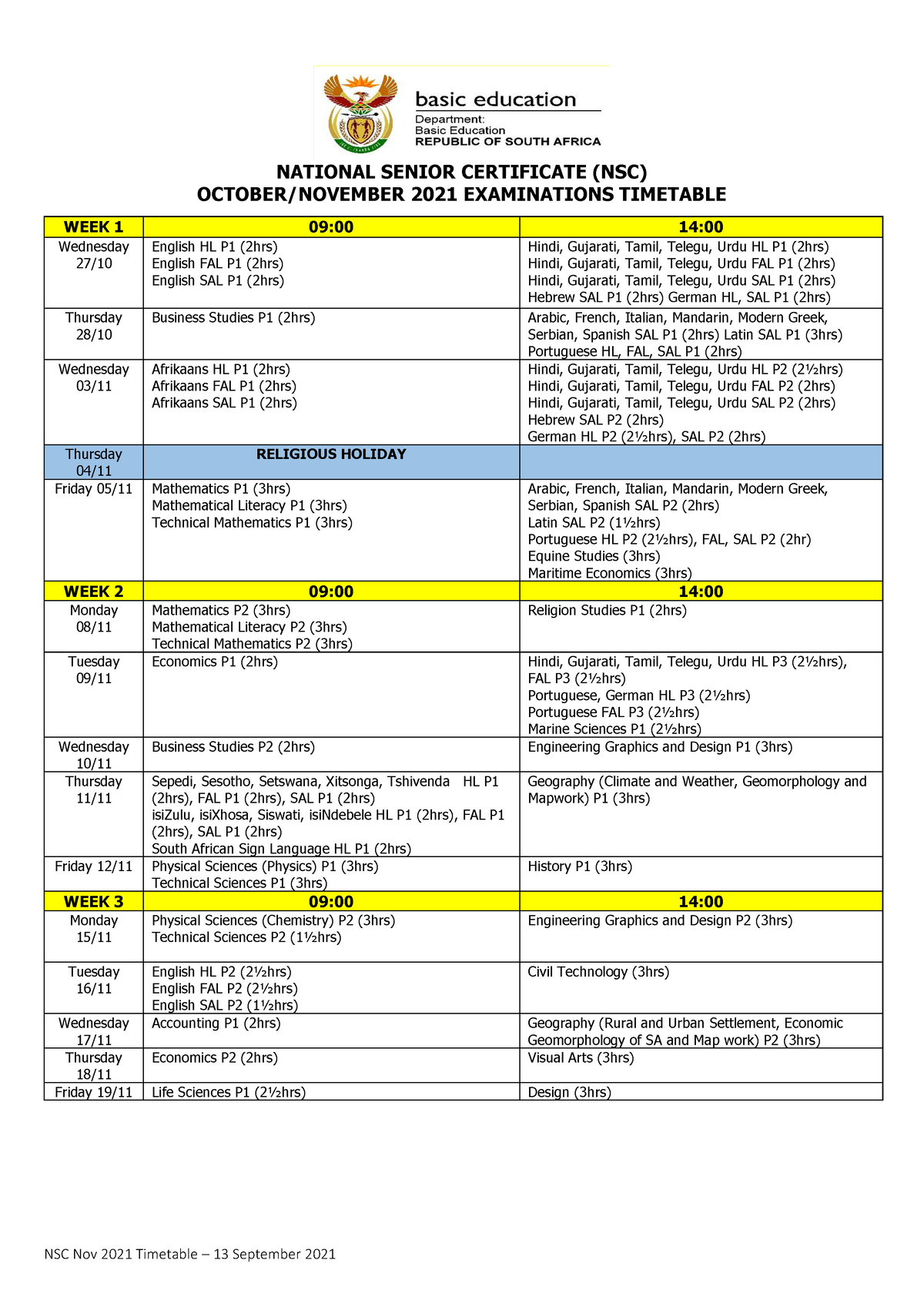 Nov 2021 NSC Timetable 13 September 2021 Final NSC Nov 2021