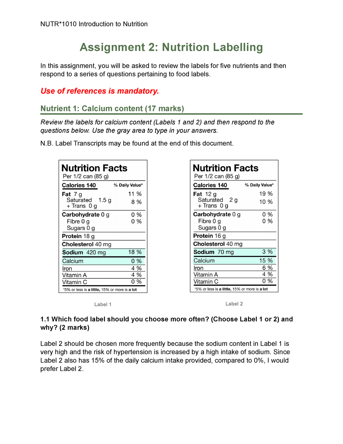 assignment 2 nutrition labelling