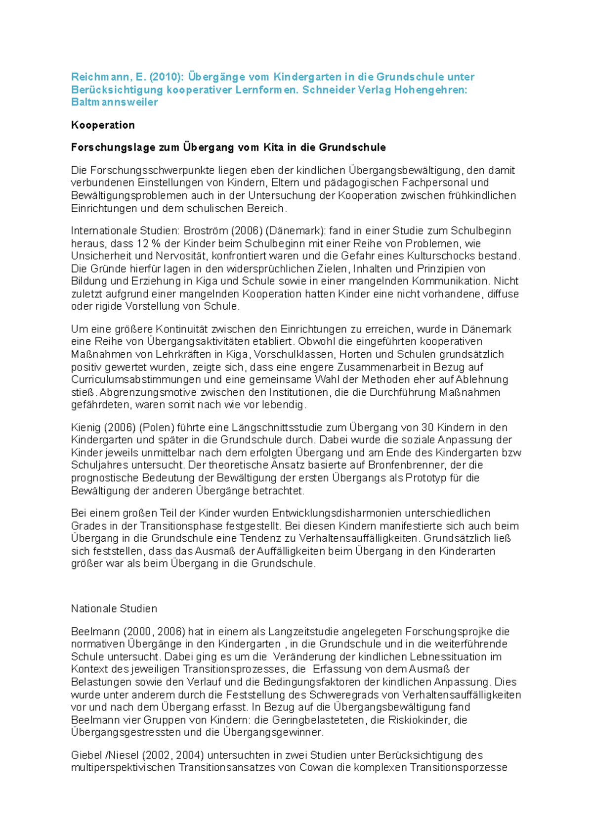 Übergänge vom Kindergarten in die Grundschule unter Berücksichtigung